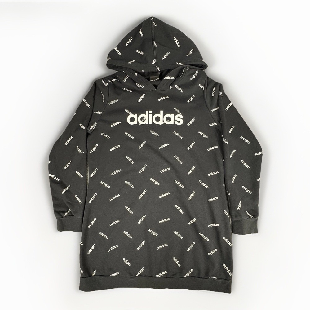 Adidas Hoodie Dress Womens Large Black Allover Print Sweatshirt Longline